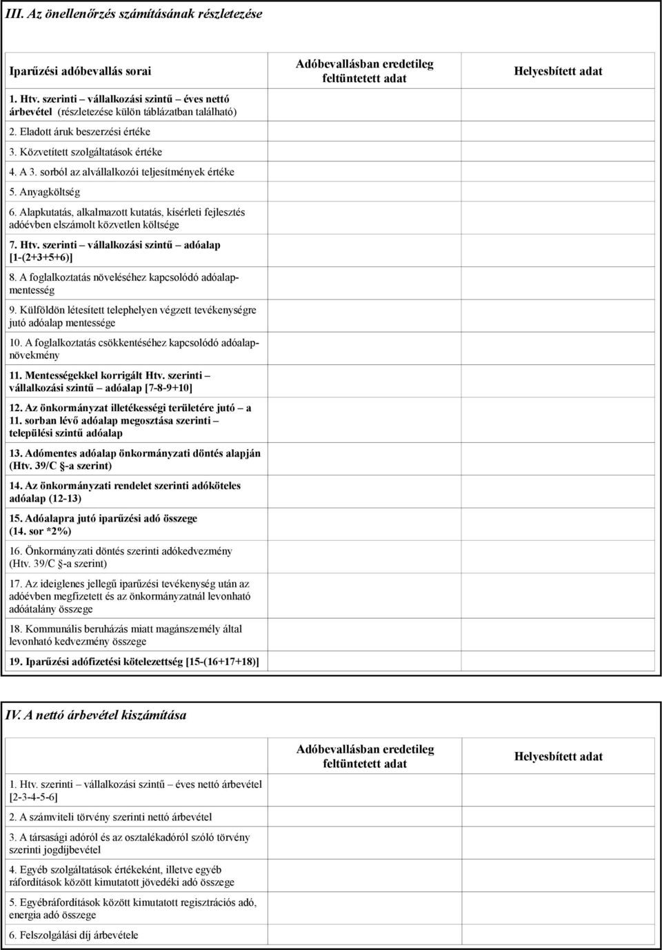 Alapkutatás, alkalmazott kutatás, kísérleti fejlesztés adóévben elszámolt közvetlen költsége 7. Htv. szerinti vállalkozási szintű adóalap [1-(2+3+5+6)] 8.