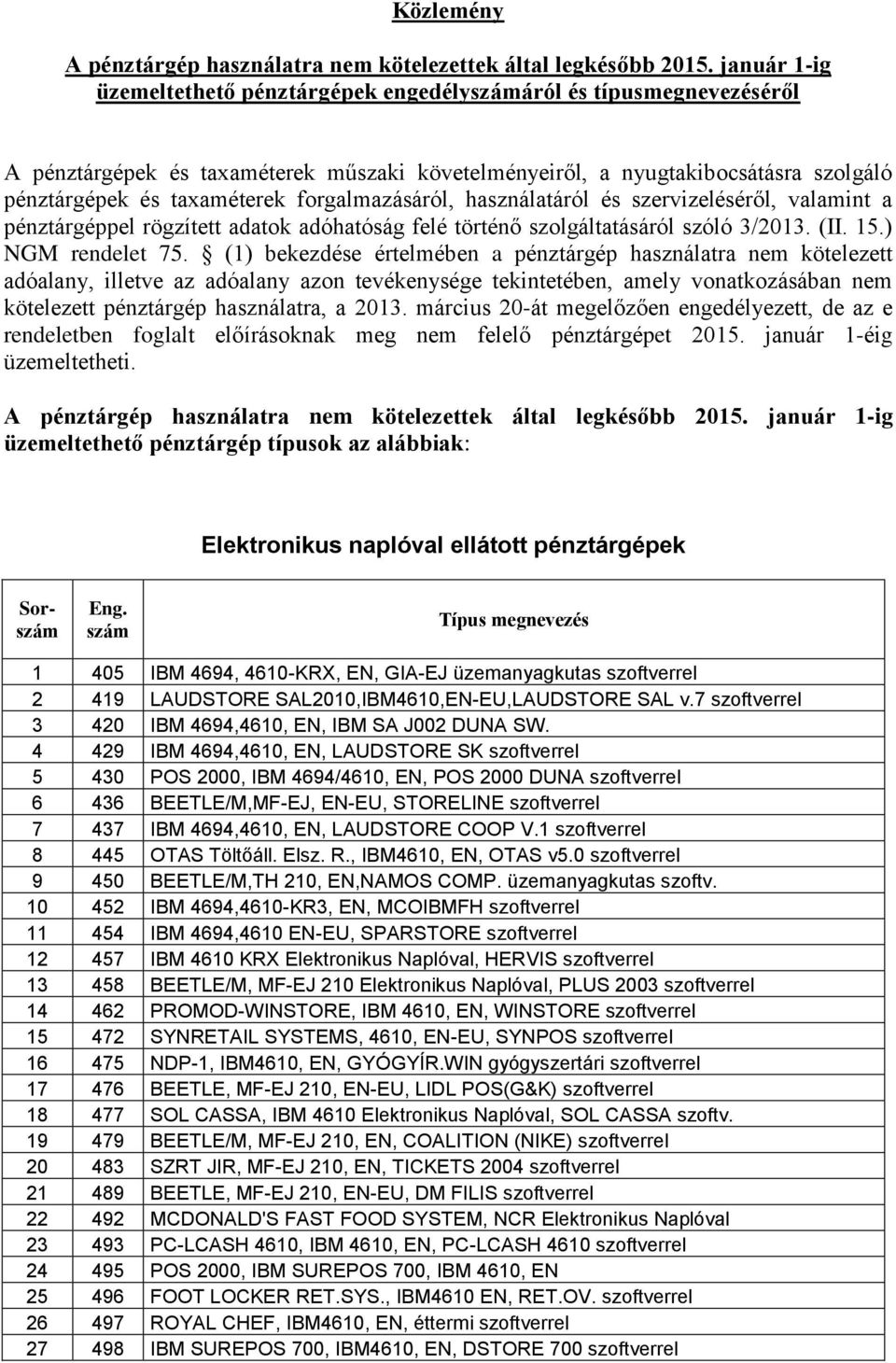 forgalmazásáról, használatáról és szervizeléséről, valamint a pénztárgéppel rögzített adatok adóhatóság felé történő szolgáltatásáról szóló 3/2013. (II. 15.) NGM rendelet 75.