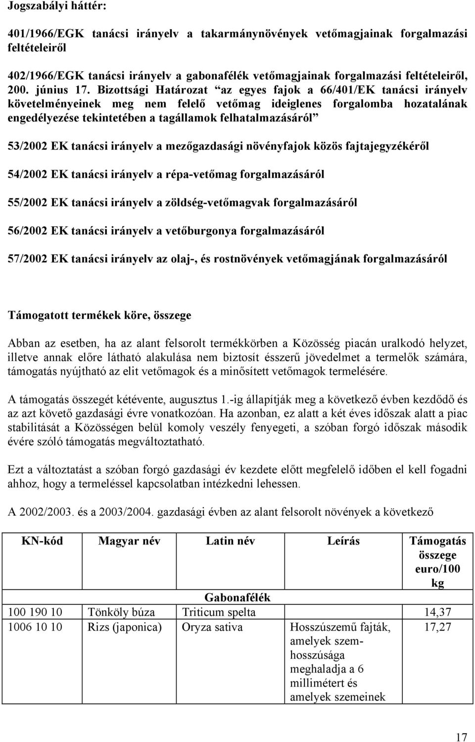 53/2002 EK tanácsi irányelv a mezőgazdasági növényfajok közös fajtajegyzékéről 54/2002 EK tanácsi irányelv a répa-vetőmag forgalmazásáról 55/2002 EK tanácsi irányelv a zöldség-vetőmagvak