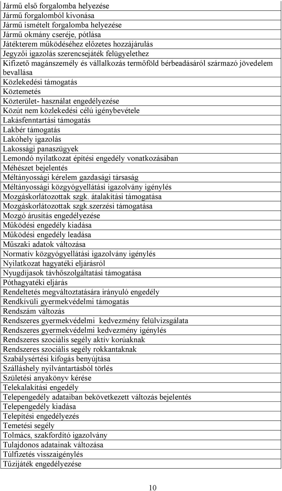 közlekedési célú igénybevétele Lakásfenntartási támogatás Lakbér támogatás Lakóhely igazolás Lakossági panaszügyek Lemondó nyilatkozat építési engedély vonatkozásában Méhészet bejelentés