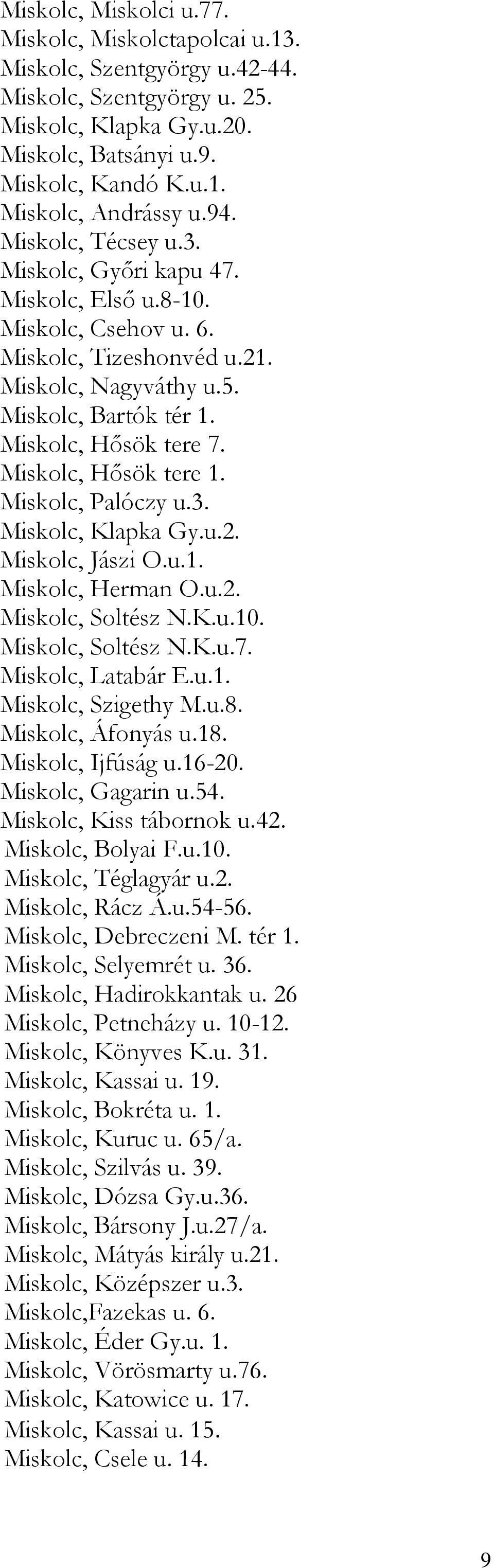 Miskolc, Hősök tere 1. Miskolc, Palóczy u.3. Miskolc, Klapka Gy.u.2. Miskolc, Jászi O.u.1. Miskolc, Herman O.u.2. Miskolc, Soltész N.K.u.10. Miskolc, Soltész N.K.u.7. Miskolc, Latabár E.u.1. Miskolc, Szigethy M.