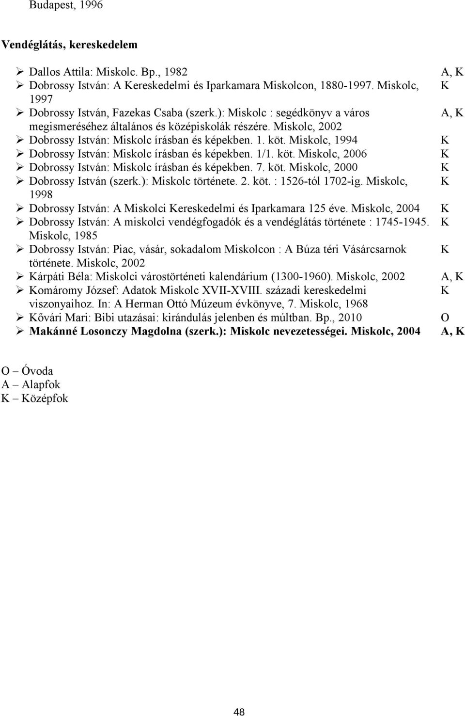 Miskolc, 1998 Dobrossy István: A Miskolci ereskedelmi és Iparkamara 125 éve. Miskolc, 2004 Dobrossy István: A miskolci vendégfogadók és a vendéglátás története : 1745-1945.