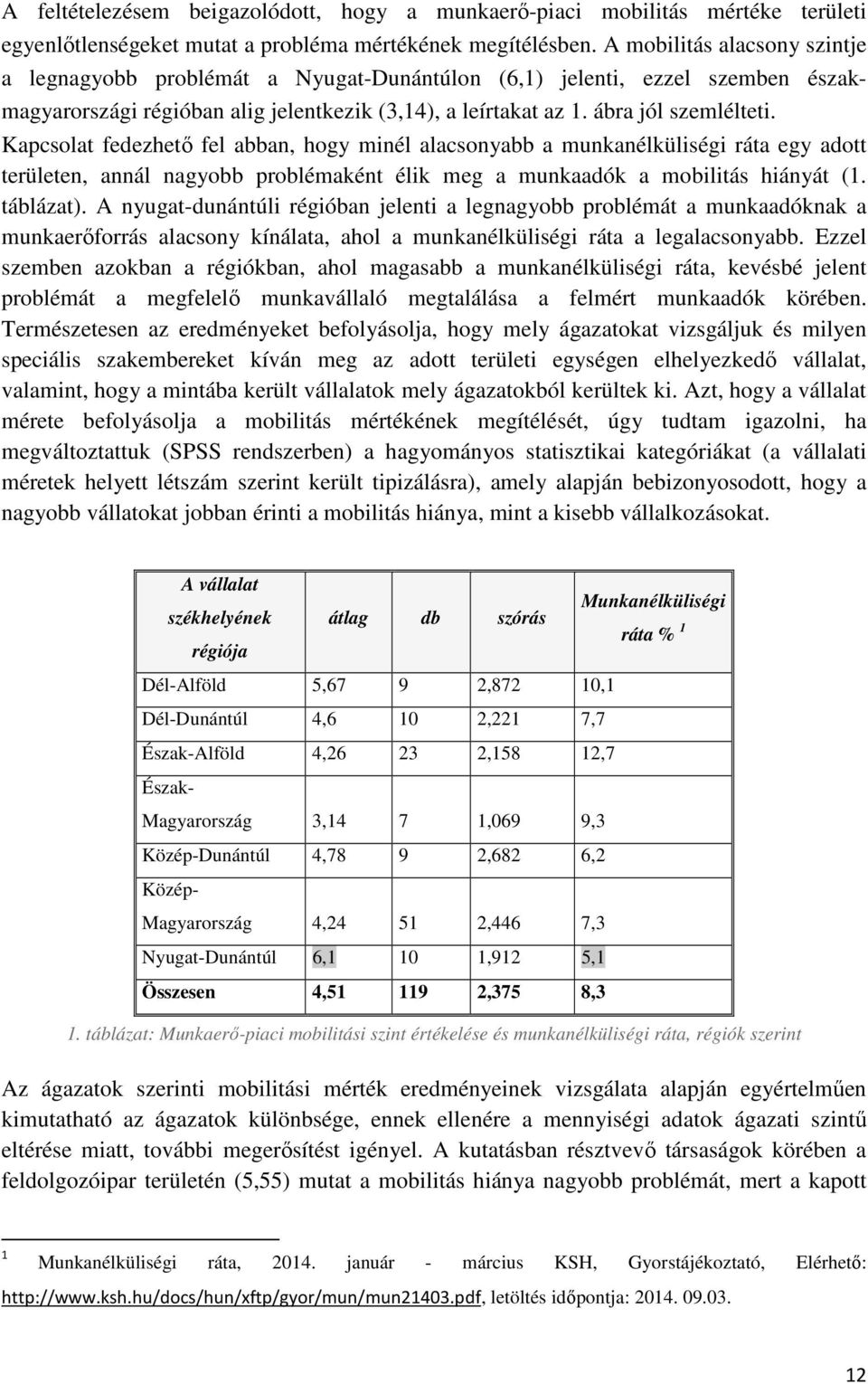 Kapcsolat fedezhető fel abban, hogy minél alacsonyabb a munkanélküliségi ráta egy adott területen, annál nagyobb problémaként élik meg a munkaadók a mobilitás hiányát (1. táblázat).