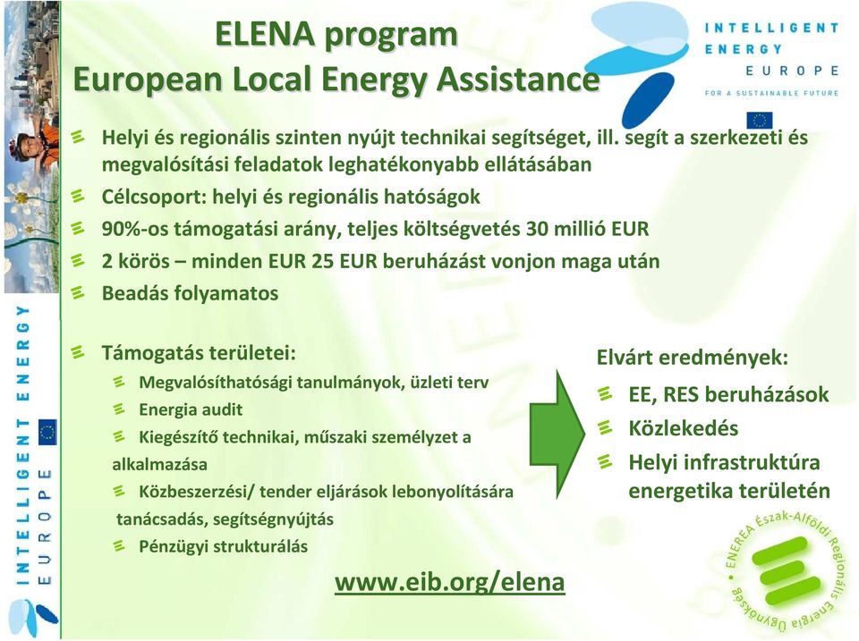 2 körös minden EUR 25 EUR beruházást vonjon maga után Beadás folyamatos Támogatás területei: Megvalósíthatósági tanulmányok, üzleti terv Energia audit Kiegészítő technikai,