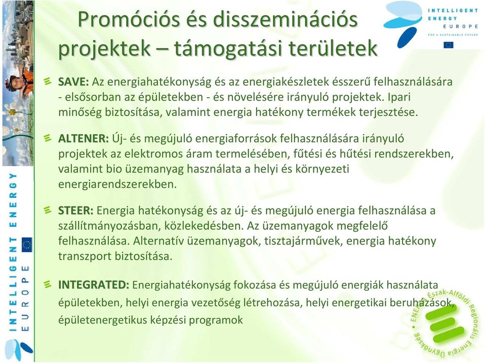 ALTENER: Új- és megújuló energiaforrások felhasználására irányuló projektek az elektromos áram termelésében, fűtési és hűtési rendszerekben, valamint bio üzemanyag használata a helyi és környezeti