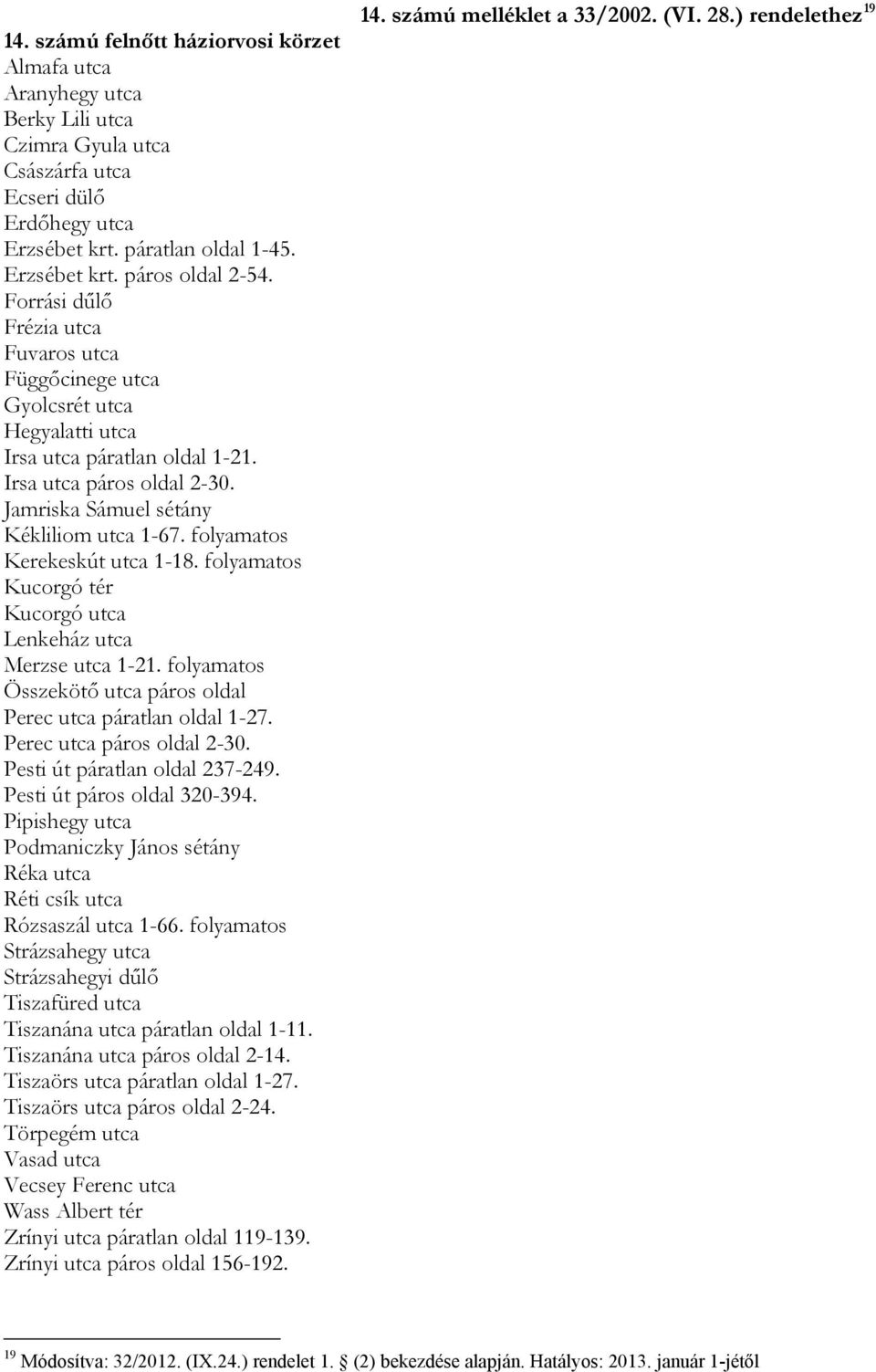 folyamatos Kerekeskút utca 1-18. folyamatos Kucorgó tér Kucorgó utca Lenkeház utca Merzse utca 1-21. folyamatos Összekötő utca páros oldal Perec utca páratlan oldal 1-27. Perec utca páros oldal 2-30.