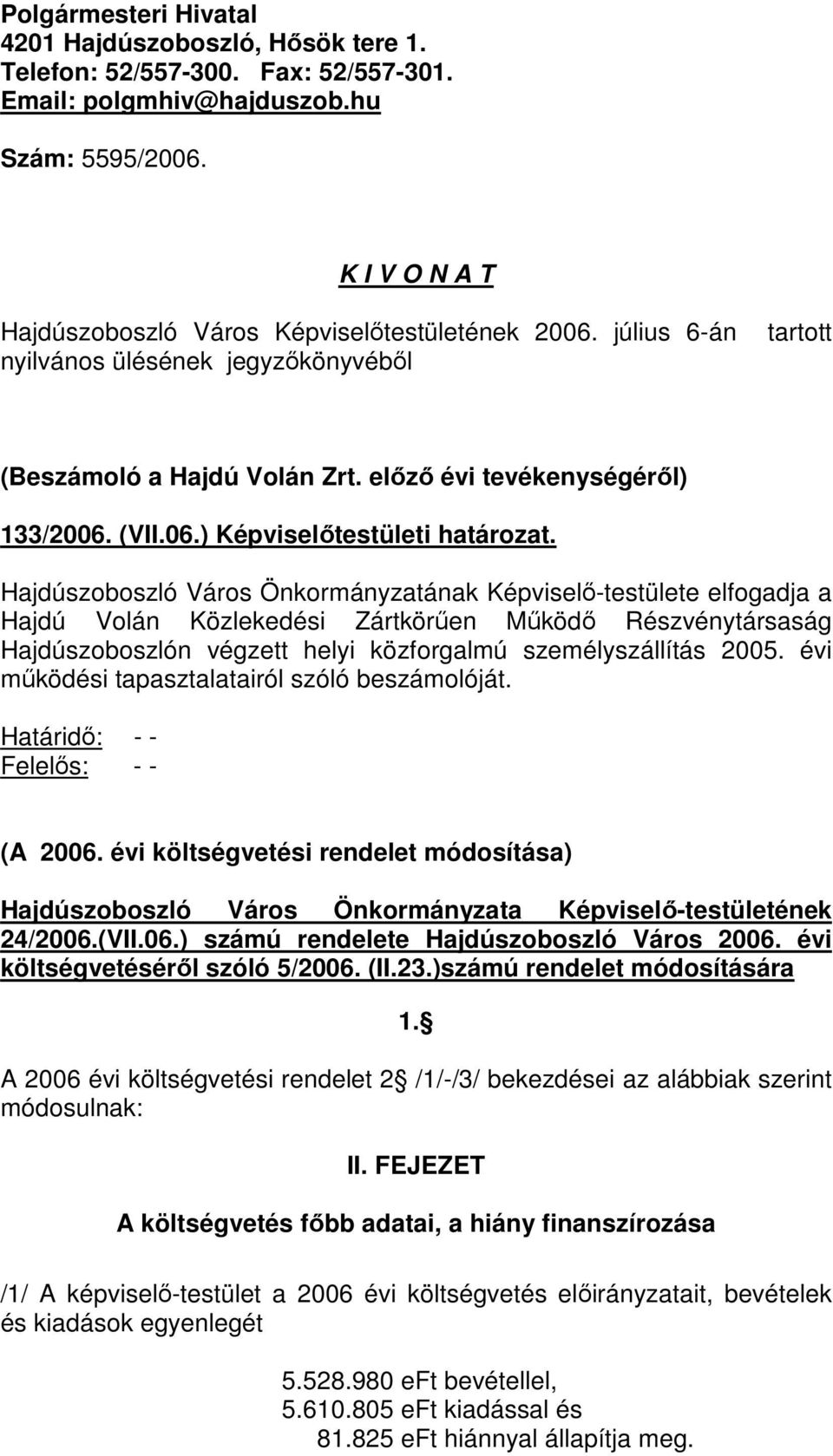 Hajdúszoboszló Város Önkormányzatának Képviselő-testülete elfogadja a Hajdú Volán Közlekedési Zártkörűen Működő Részvénytársaság Hajdúszoboszlón végzett helyi közforgalmú személyszállítás 2005.