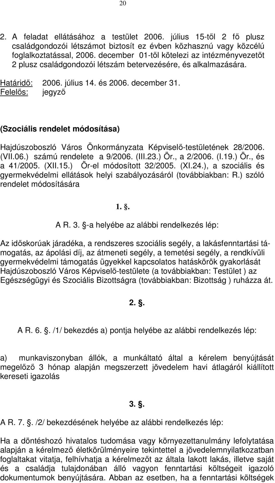 Felelős: jegyző (Szociális rendelet módosítása) Hajdúszoboszló Város Önkormányzata Képviselő-testületének 28/2006. (VII.06.) számú rendelete a 9/2006. (III.23.) Ör., a 2/2006. (I.19.) Ör., és a 41/2005.