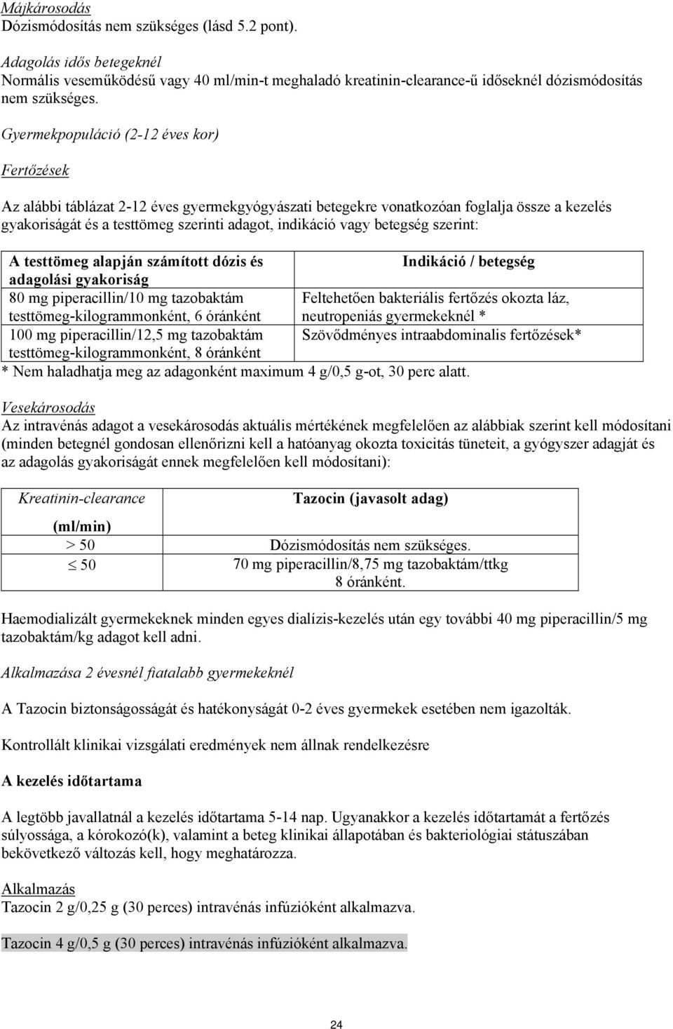 betegség szerint: A testtömeg alapján számított dózis és Indikáció / betegség adagolási gyakoriság 80 mg piperacillin/10 mg tazobaktám Feltehetően bakteriális fertőzés okozta láz,