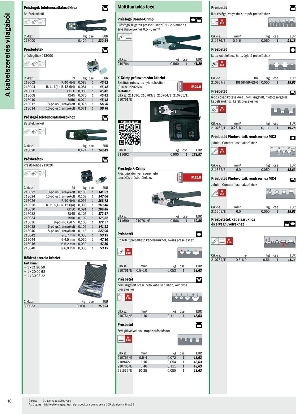 213014 10-pólusú, árnyékolt 0,071 1 56,76 Múltifunkciós fogó Présfogó Combi-Crimp Présfogó szigetelt préssarukhoz 0,5-2,5 mm² és érvéghüvelyekhez 0,5-6 mm² Cikksz.