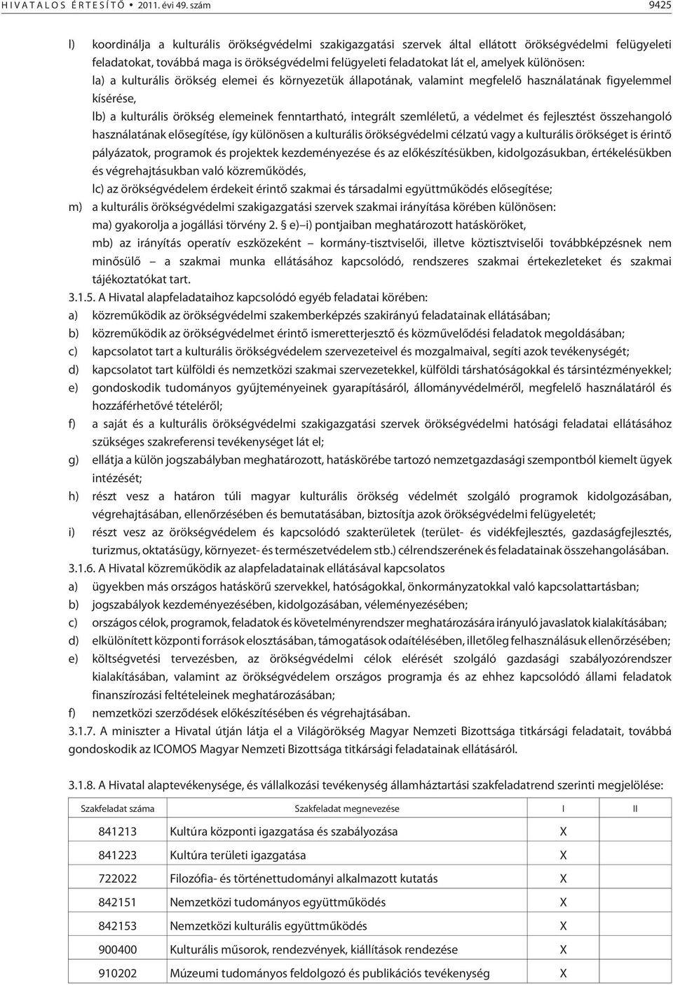 amelyek különösen: la) a kulturális örökség elemei és környezetük állapotának, valamint megfelelõ használatának figyelemmel kísérése, lb) a kulturális örökség elemeinek fenntartható, integrált