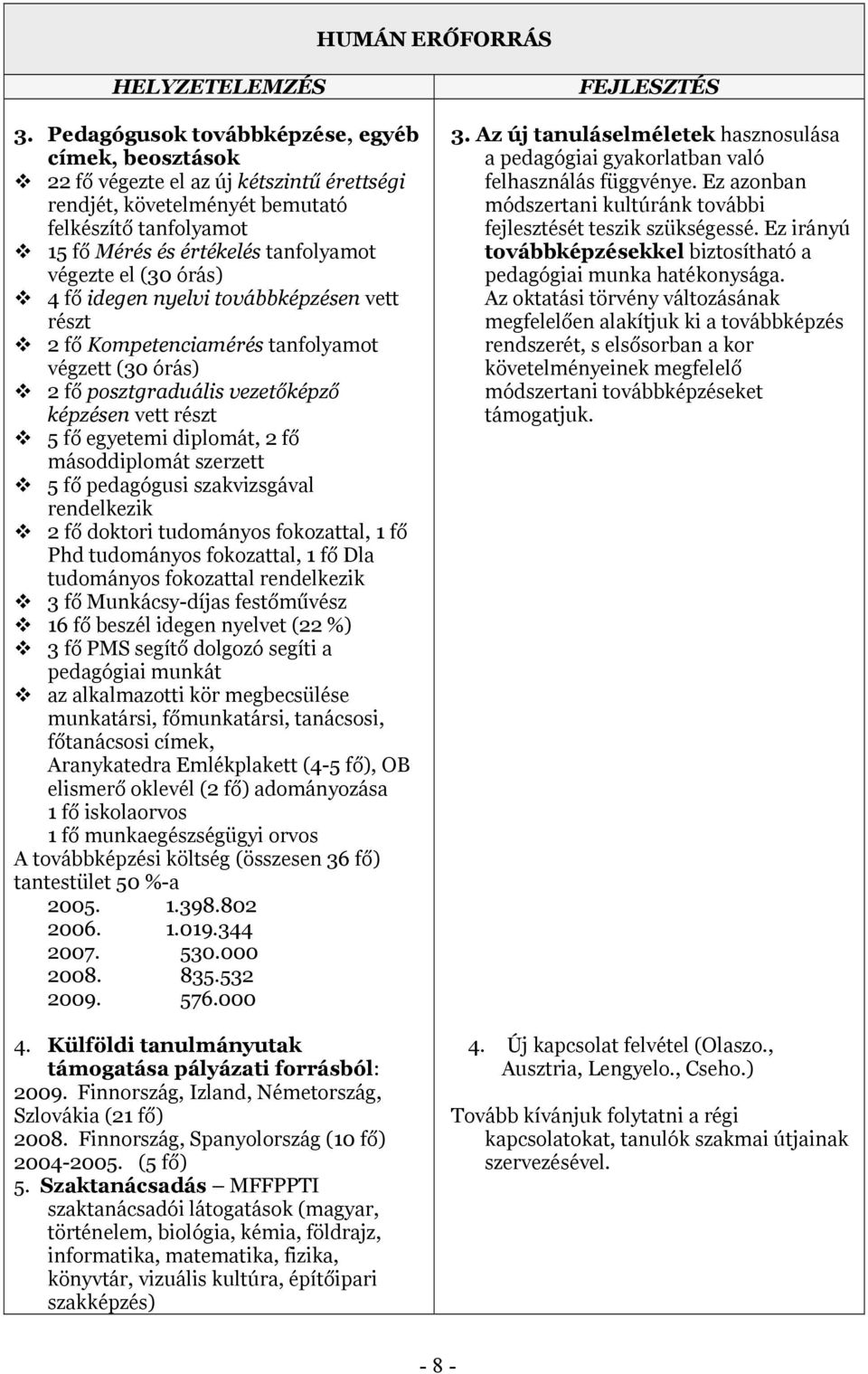 4 fő idegen nyelvi tvábbképzésen vett részt 2 fő Kmpetenciamérés tanflyamt végzett (30 órás) 2 fő psztgraduális vezetőképző képzésen vett részt 5 fő egyetemi diplmát, 2 fő másddiplmát szerzett 5 fő