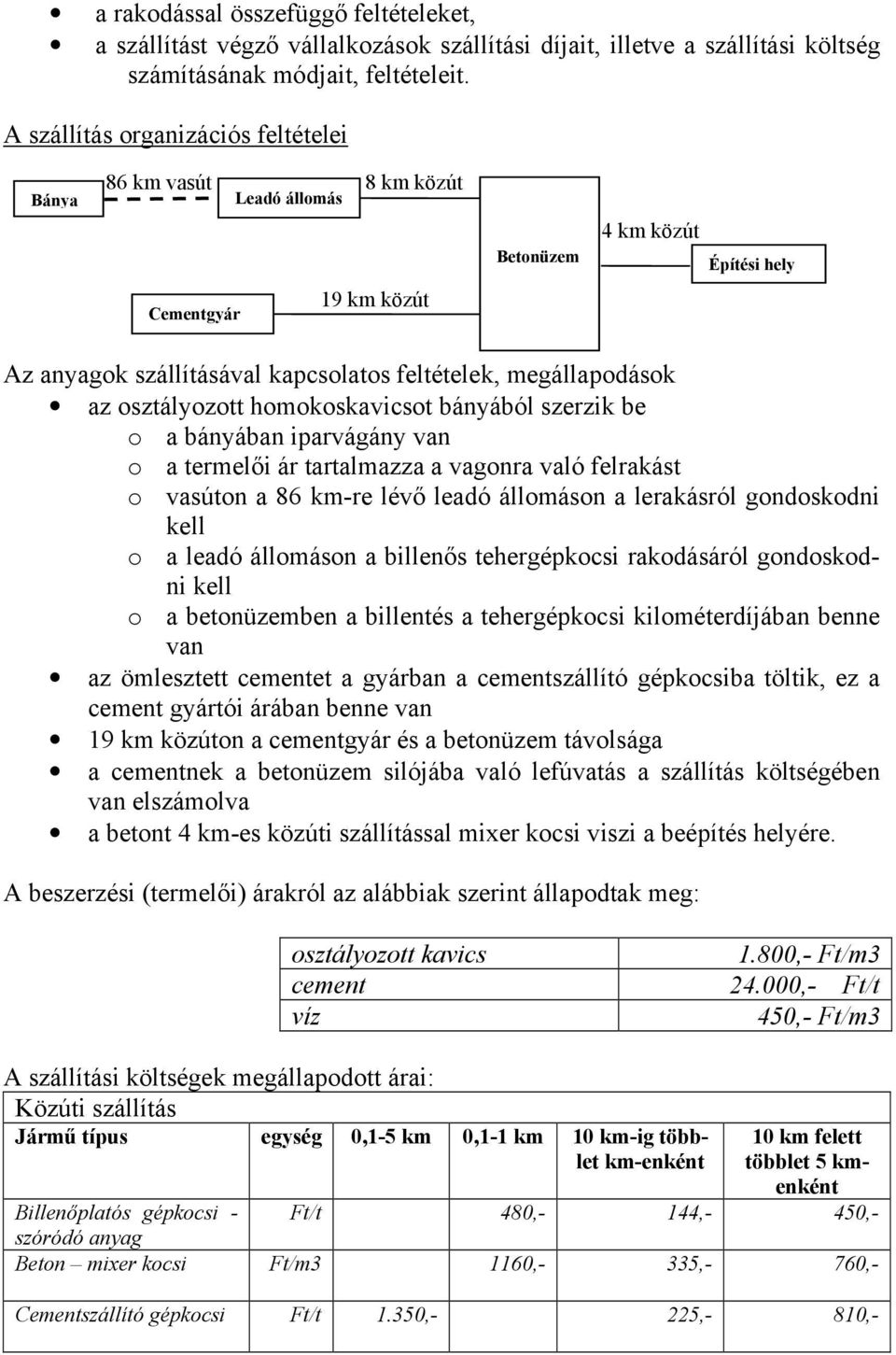 az osztályozott homokoskavicsot bányából szerzik be o a bányában iparvágány van o a termelői ár tartalmazza a vagonra való felrakást o vasúton a 86 km-re lévő leadó állomáson a lerakásról gondoskodni