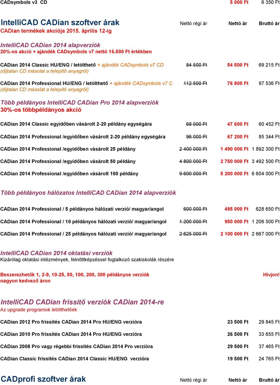 500 Ft értékben CADian 2014 Classic HU/ENG / letölthető + ajándék CADsymbols v7 CD 84 500 Ft 54 500 Ft 69 215 Ft CADian 2014 Professional HU/ENG / letölthető + ajándék CADsymbols v7 CD 112 500 Ft 76
