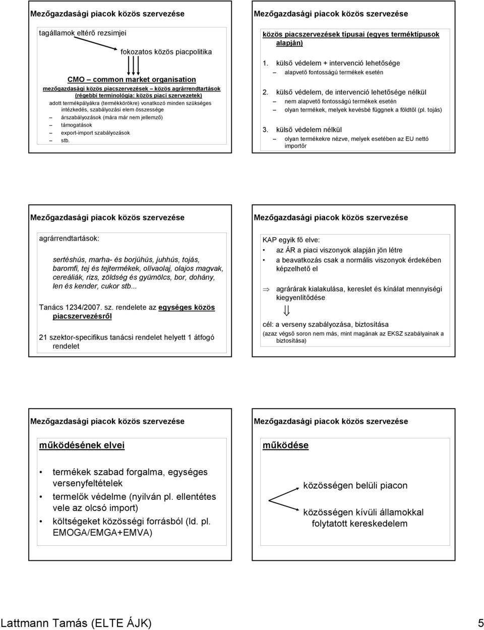 közös piacszervezések típusai (egyes terméktípusok alapján) 1. külső védelem + intervenció lehetősége alapvető fontosságú termékek esetén 2.