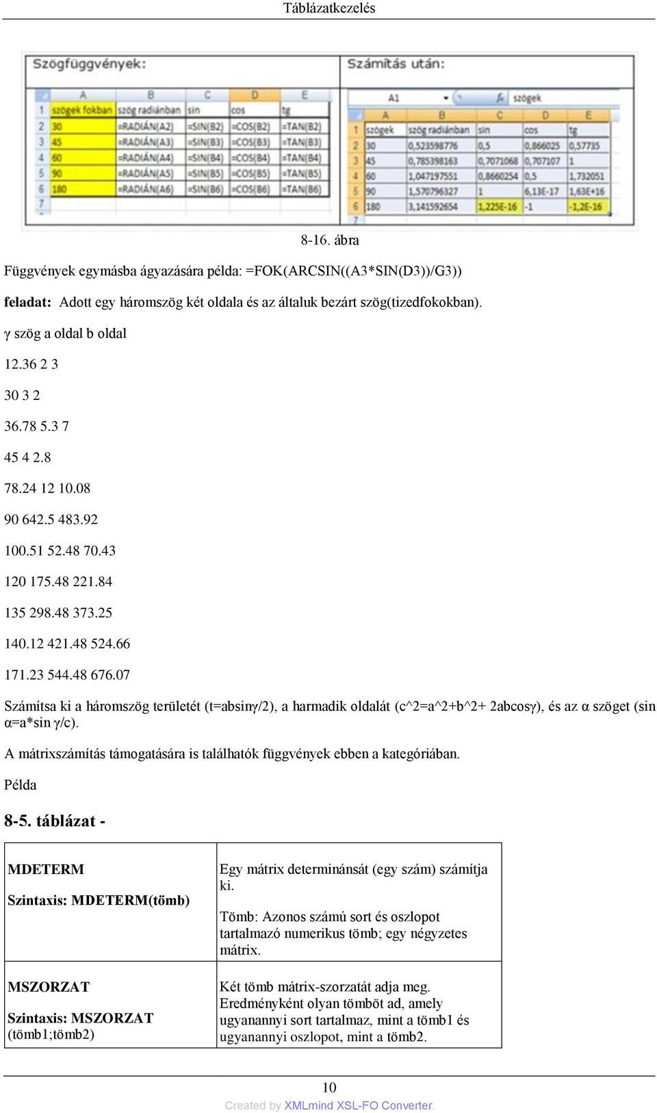 07 Számítsa ki a háromszög területét (t=absinγ/2), a harmadik oldalát (c^2=a^2+b^2+ 2abcosγ), és az α szöget (sin α=a*sin γ/c).