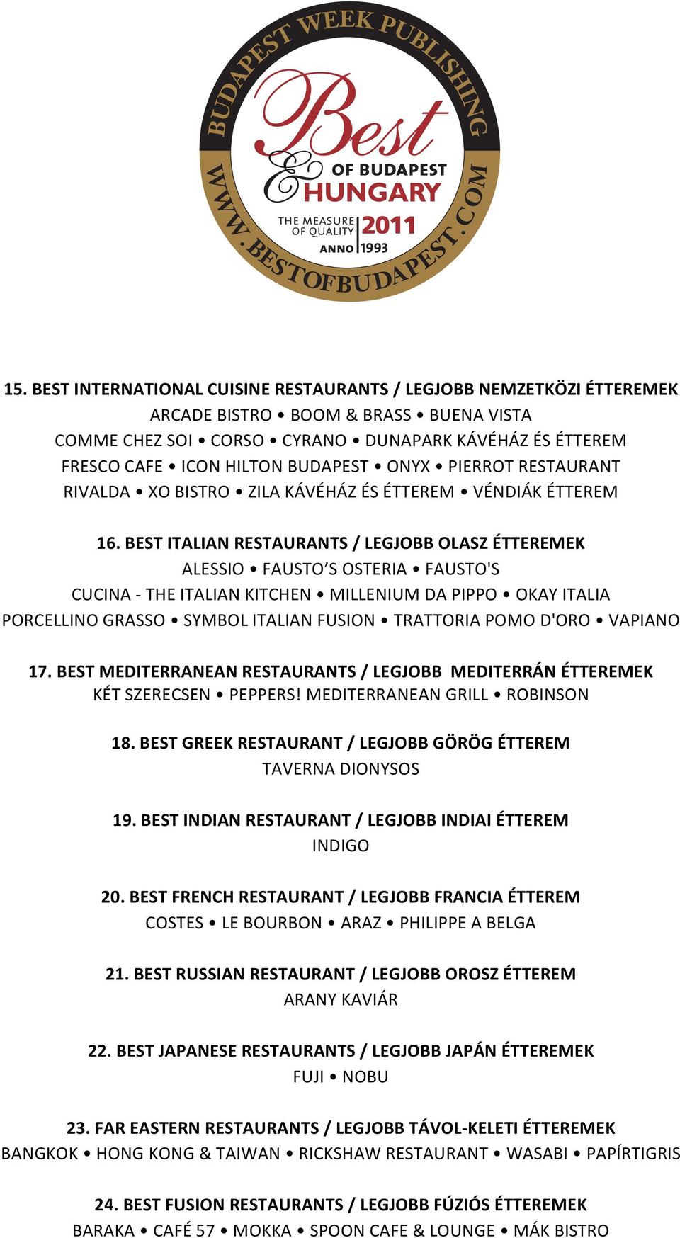 BEST ITALIAN RESTAURANTS / LEGJOBB OLASZ ÉTTEREMEK ALESSIO FAUSTO S OSTERIA FAUSTO'S CUCINA - THE ITALIAN KITCHEN MILLENIUM DA PIPPO OKAY ITALIA PORCELLINO GRASSO SYMBOL ITALIAN FUSION TRATTORIA POMO