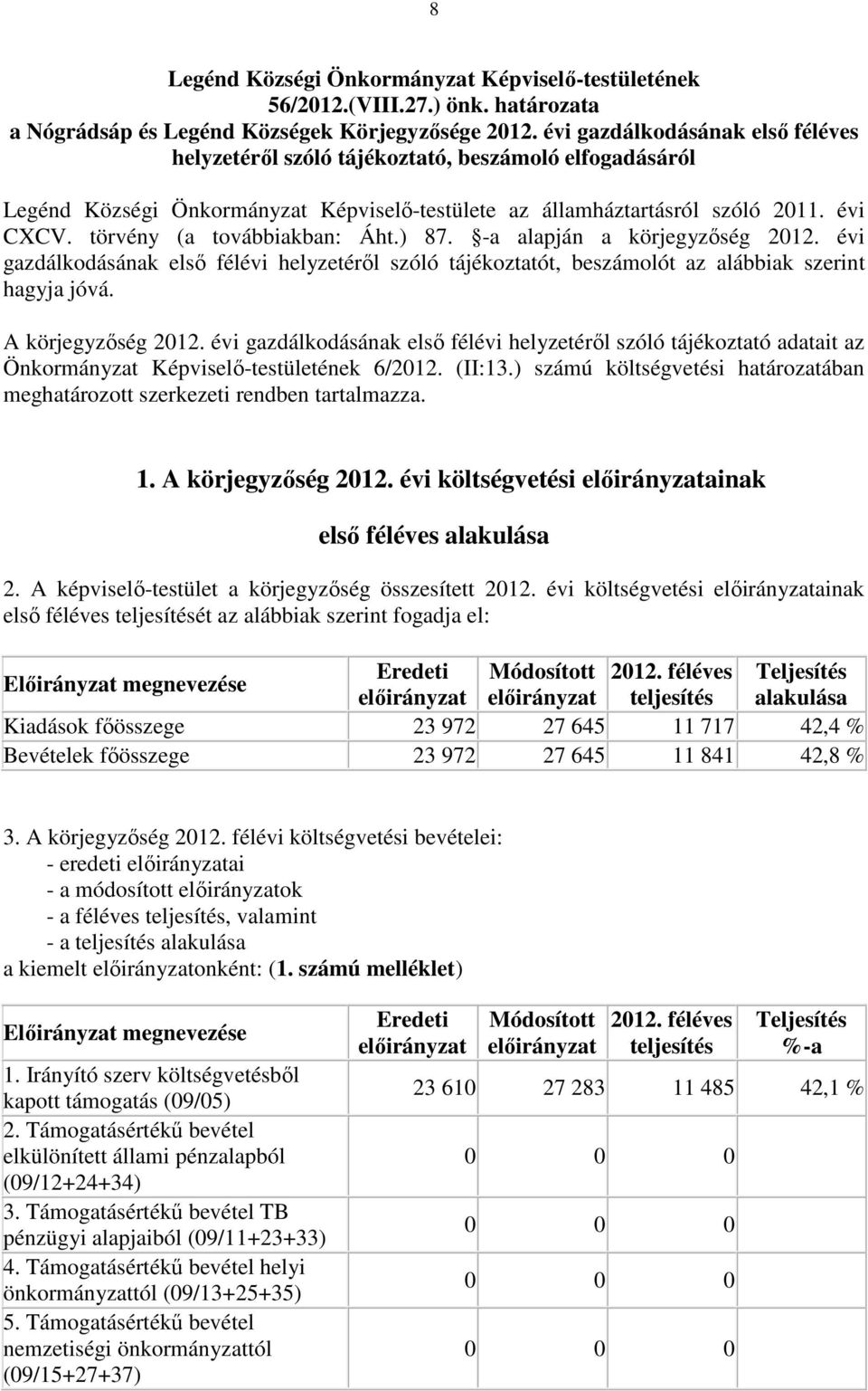 törvény (a továbbiakban: Áht.) 87. -a alapján a körjegyzőség 2012. évi gazdálkodásának első félévi helyzetéről szóló tájékoztatót, beszámolót az alábbiak szerint hagyja jóvá. A körjegyzőség 2012.