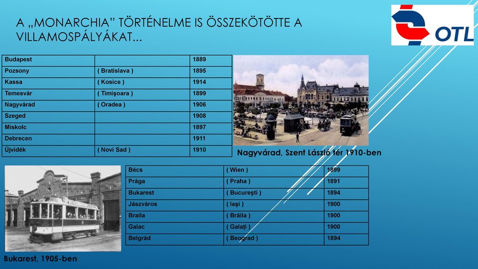 1906 Szeged 1908 Miskolc 1897 Debrecen 1911 Újvidék ( Novi Sad ) 1910 Nagyvárad, Szent László tér 1910-ben Bécs (