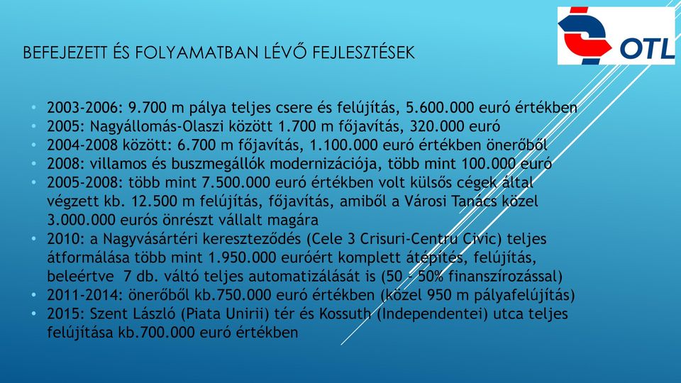 000 euró értékben volt külsős cégek által végzett kb. 12.500 m felújítás, főjavítás, amiből a Városi Tanács közel 3.000.000 eurós önrészt vállalt magára 2010: a Nagyvásártéri kereszteződés (Cele 3 Crisuri-Centru Civic) teljes átformálása több mint 1.