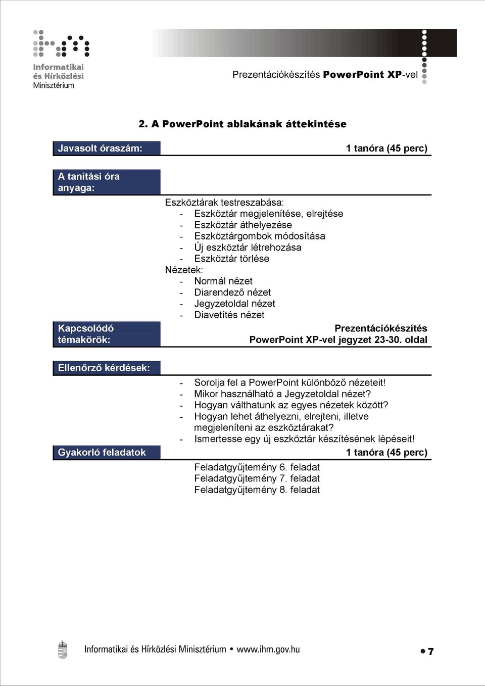 létrehozása - Eszköztár törlése Nézetek: - Normál nézet - Diarendező nézet - Jegyzetoldal nézet - Diavetítés nézet PowerPoint XP-vel jegyzet 23-30.