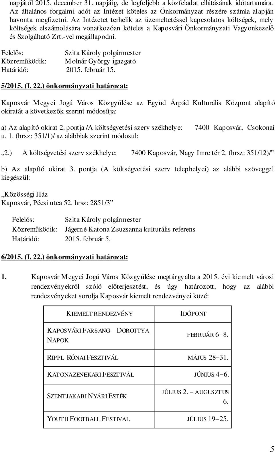 február 15. 5/2015. (I. 22.) önkormányzati határozat: Kaposvár Megyei Jogú Város Közgyűlése az Együd Árpád Kulturális Központ alapító okiratát a következők szerint módosítja: a) Az alapító okirat 2.