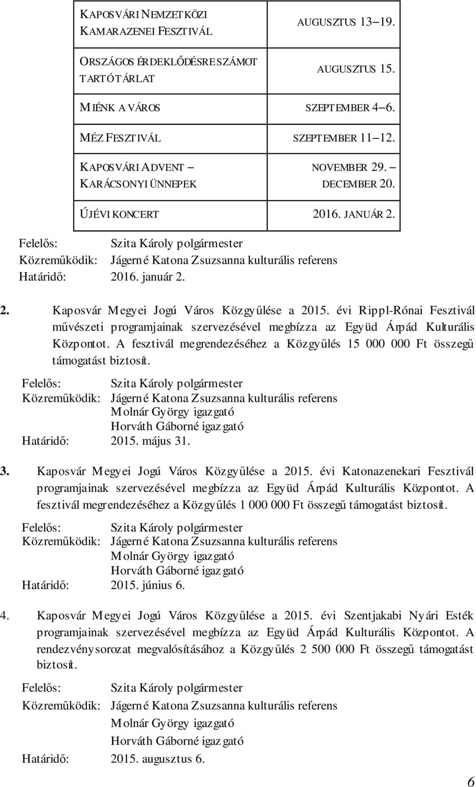 évi Rippl-Rónai Fesztivál művészeti programjainak szervezésével megbízza az Együd Árpád Kulturális Központot. A fesztivál megrendezéséhez a Közgyűlés 15 000 000 Ft összegű támogatást biztosít. 2015.