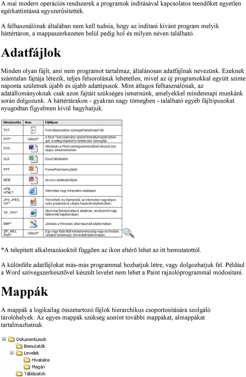 Adatfájlok Minden olyan fájlt, ami nem programot tartalmaz, általánosan adatfájlnak nevezünk.