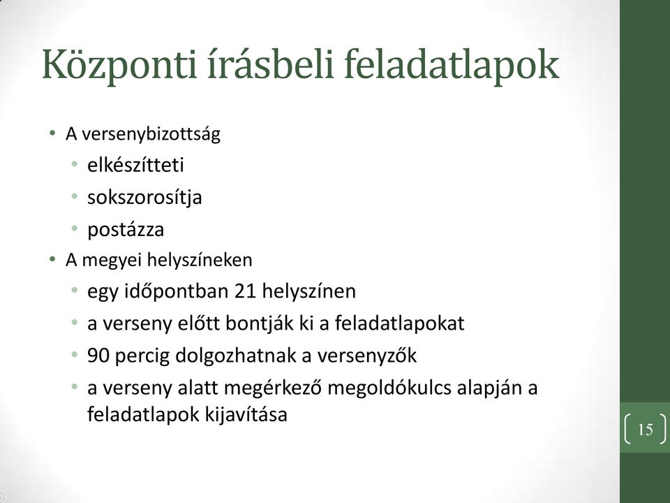 helyszínen a verseny előtt bontják ki a feladatlapokat 90 percig