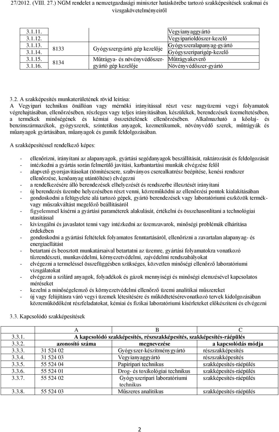 A szakképesítés munkaterületének rövid leírása: A Vegyipari technikus önállóan vagy mérnöki irányítással részt vesz nagyüzemi vegyi folyamatok végrehajtásában, ellenőrzésében, részleges vagy teljes