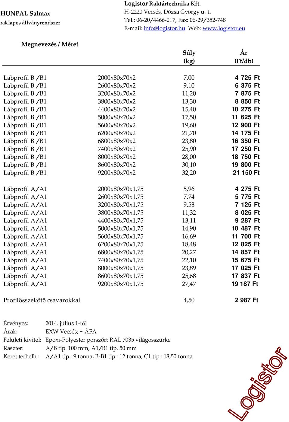 Lábprofil B /B1 4400x80x70x2 15,40 10 275 Ft Lábprofil B /B1 5000x80x70x2 17,50 11 625 Ft Lábprofil B /B1 5600x80x70x2 19,60 12 900 Ft Lábprofil B /B1 6200x80x70x2 21,70 14 175 Ft Lábprofil B /B1