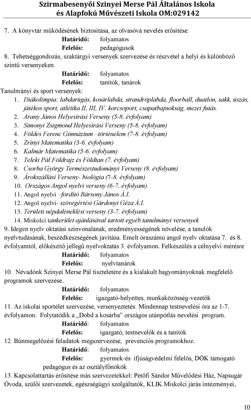 korcsoport, csapatbajnokság, mezei futás. 2. Arany János Helyesírási Verseny (5-8. évfolyam) 3. Simonyi Zsigmond Helyesírási Verseny (5-8. évfolyam) 4. Földes Ferenc Gimnázium történelem (7-8.