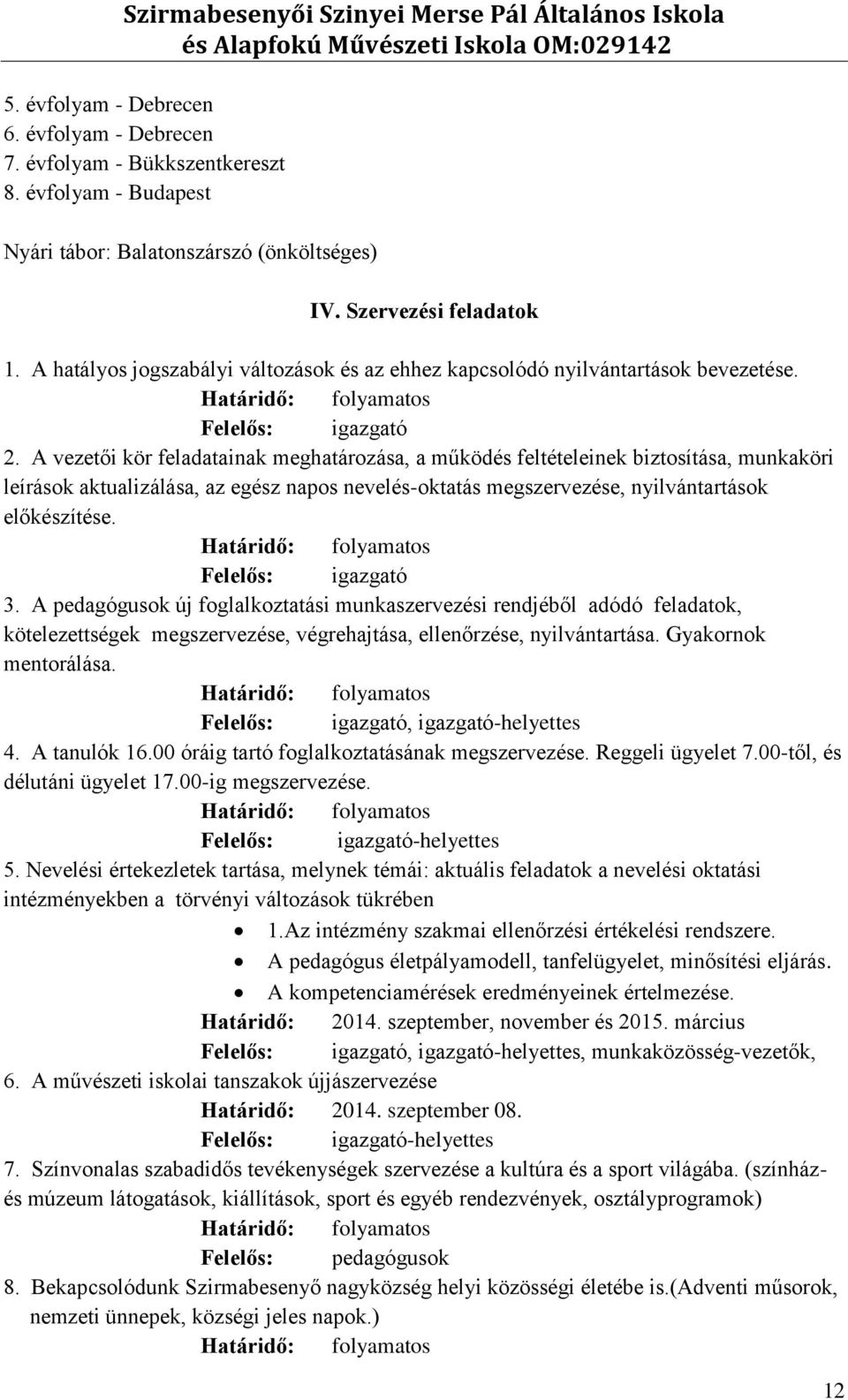 A vezetői kör feladatainak meghatározása, a működés feltételeinek biztosítása, munkaköri leírások aktualizálása, az egész napos nevelés-oktatás megszervezése, nyilvántartások előkészítése.