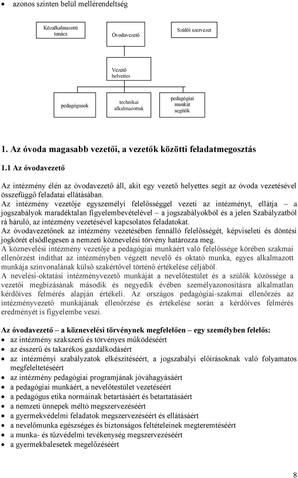 1 Az óvodavezető Az intézmény élén az óvodavezető áll, akit egy vezető helyettes segít az óvoda vezetésével összefüggő feladatai ellátásában.