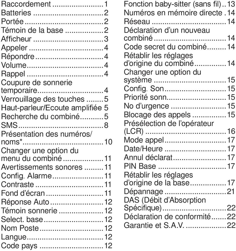 ..11 Contraste...11 Fond d écran...11 Réponse Auto...12 Témoin sonnerie...12 Select. base...12 Nom Poste...12 Langue...12 Code pays...12 Fonction baby-sitter (sans fil)...13 Numéros en mémoire directe.