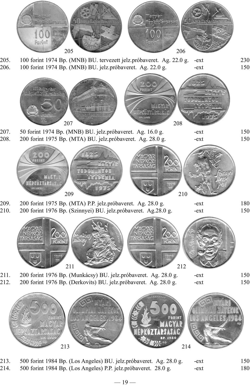 200 forint 1976 Bp. (Szinnyei) BU. jelz.próbaveret. Ag.28.0 g. -ext 150 211 212 211. 200 forint 1976 Bp. (Munkácsy) BU. jelz.próbaveret. Ag. 28.0 g. -ext 150 212. 200 forint 1976 Bp. (Derkovits) BU.