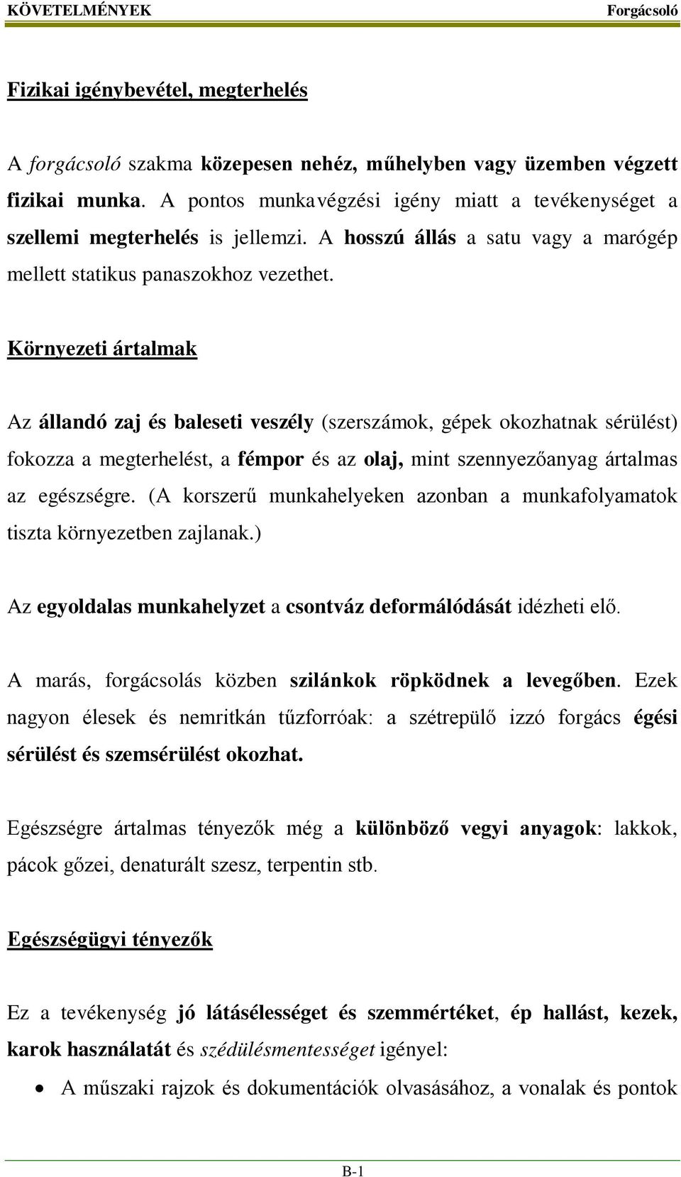 Környezeti ártalmak Az állandó zaj és baleseti veszély (szerszámok, gépek okozhatnak sérülést) fokozza a megterhelést, a fémpor és az olaj, mint szennyezőanyag ártalmas az egészségre.