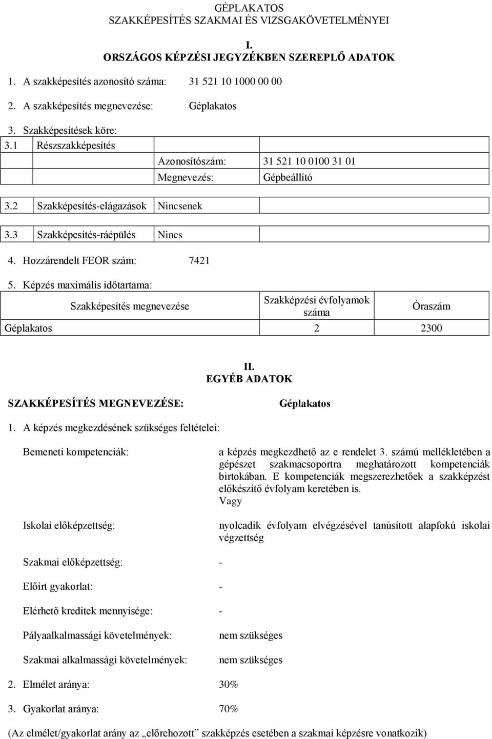 3 Szakképesítés-ráépülés Nincs 4. Hozzárendelt FEOR szám: 7421 5. Képzés maximális időtartama: Szakképesítés megnevezése Szakképzési évfolyamok száma Óraszám Géplakatos 2 2300 II.