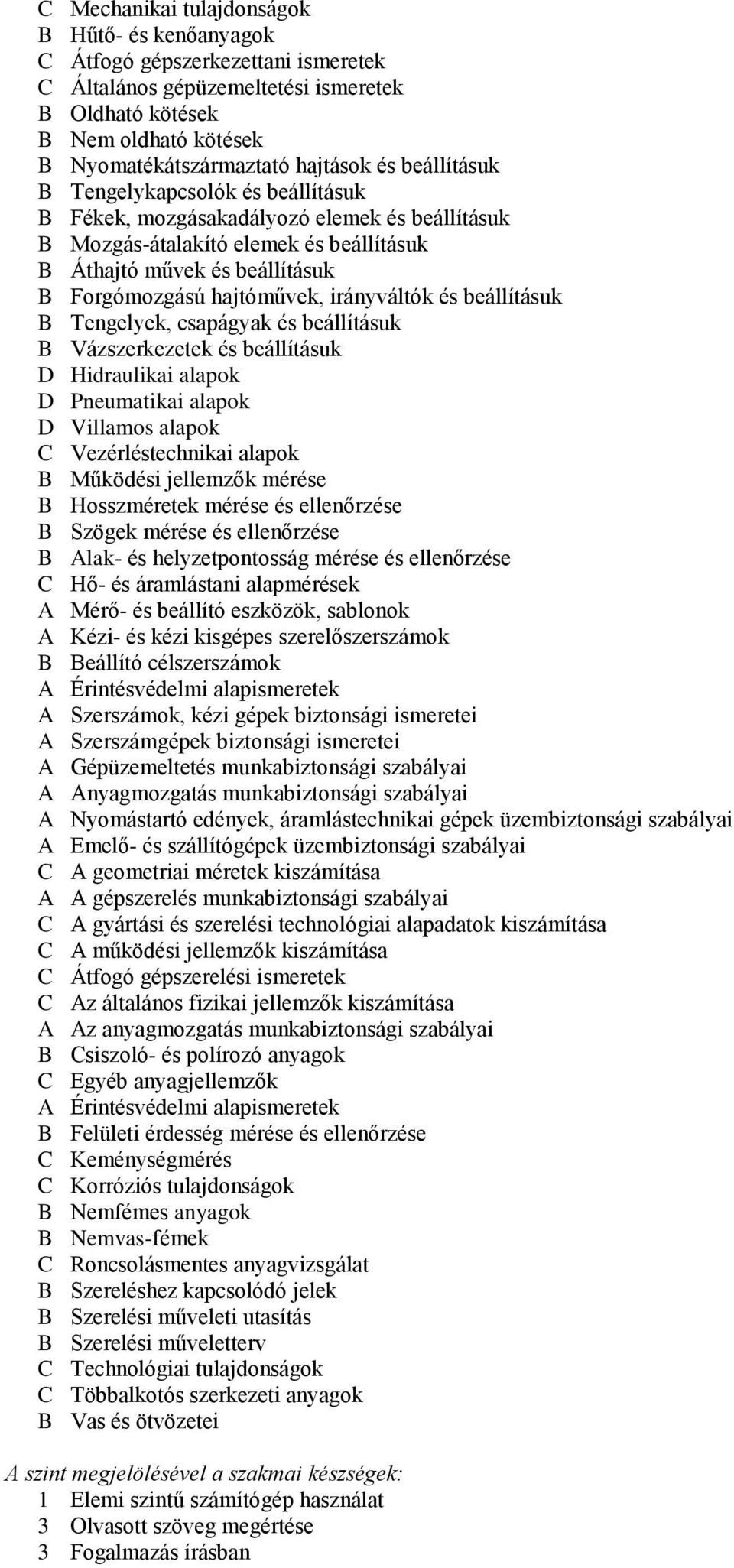 irányváltók és beállításuk B Tengelyek, csapágyak és beállításuk B Vázszerkezetek és beállításuk D Hidraulikai alapok D Pneumatikai alapok D Villamos alapok C Vezérléstechnikai alapok B Működési