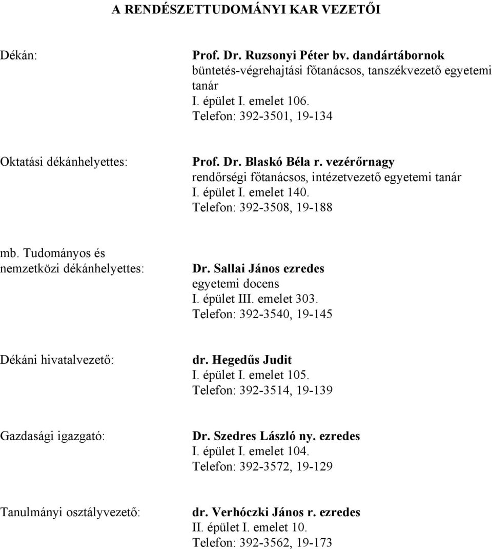 Tudományos és nemzetközi dékánhelyettes: Dr. Sallai János ezredes egyetemi docens I. épület III. emelet 303. Telefon: 392-3540, 19-145 Dékáni hivatalvezető: dr. Hegedűs Judit I. épület I. emelet 105.