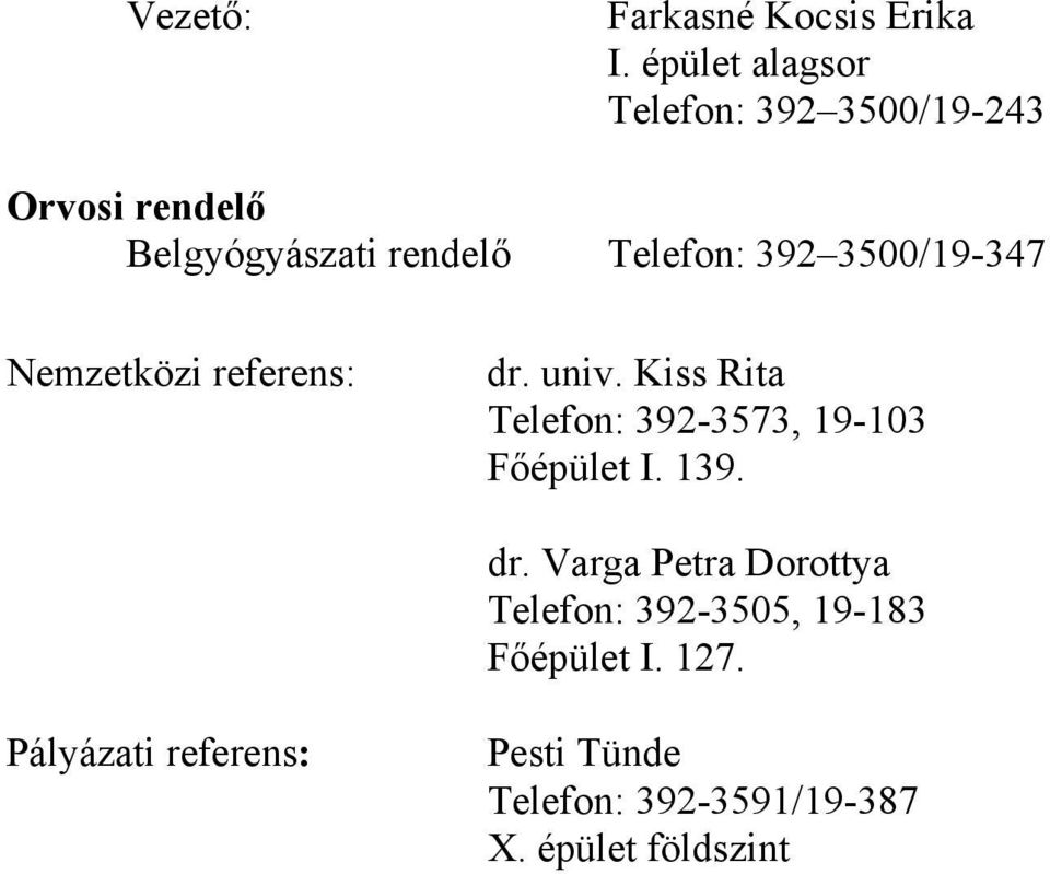 3500/19-347 Nemzetközi referens: dr. univ. Kiss Rita Telefon: 392-3573, 19-103 Főépület I.