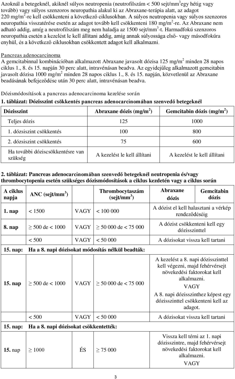 Az Abraxane nem adható addig, amíg a neutrofilszám meg nem haladja az 1500 sejt/mm 3 -t.