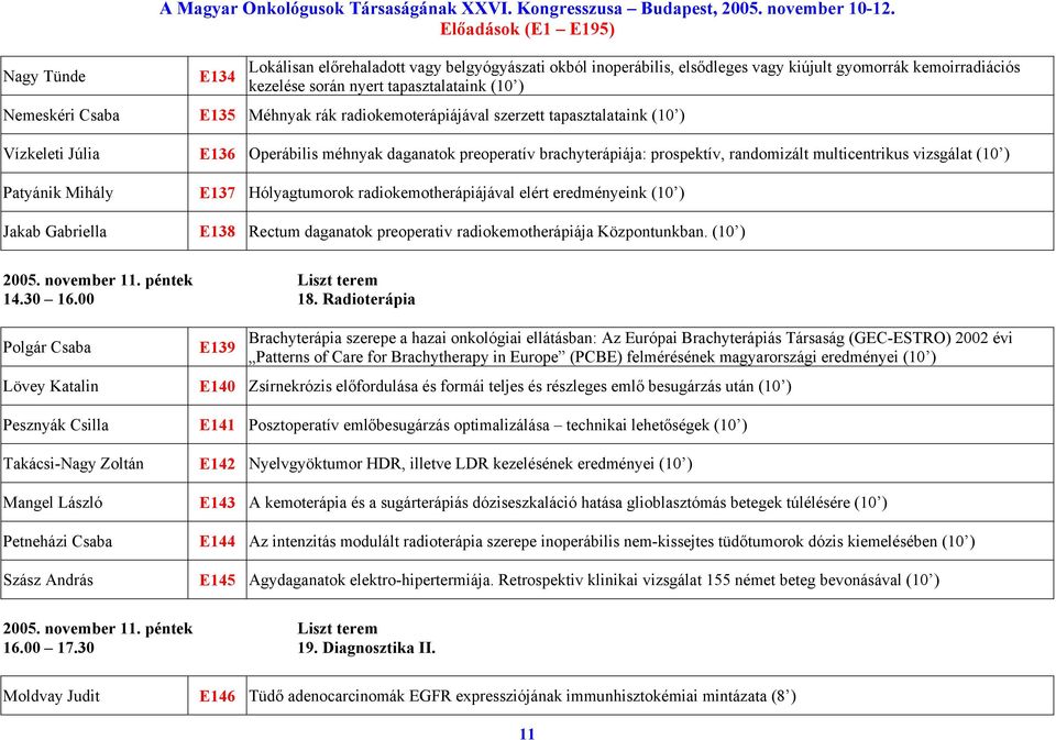 radiokemoterápiájával szerzett tapasztalataink (10 ) Vízkeleti Júlia E136 Operábilis méhnyak daganatok preoperatív brachyterápiája: prospektív, randomizált multicentrikus vizsgálat (10 ) Patyánik