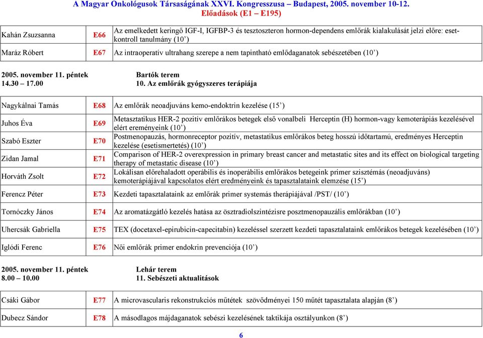 tapintható emlődaganatok sebészetében (10 ) 2005. november 11. péntek Bartók terem 14.30 17.00 10.