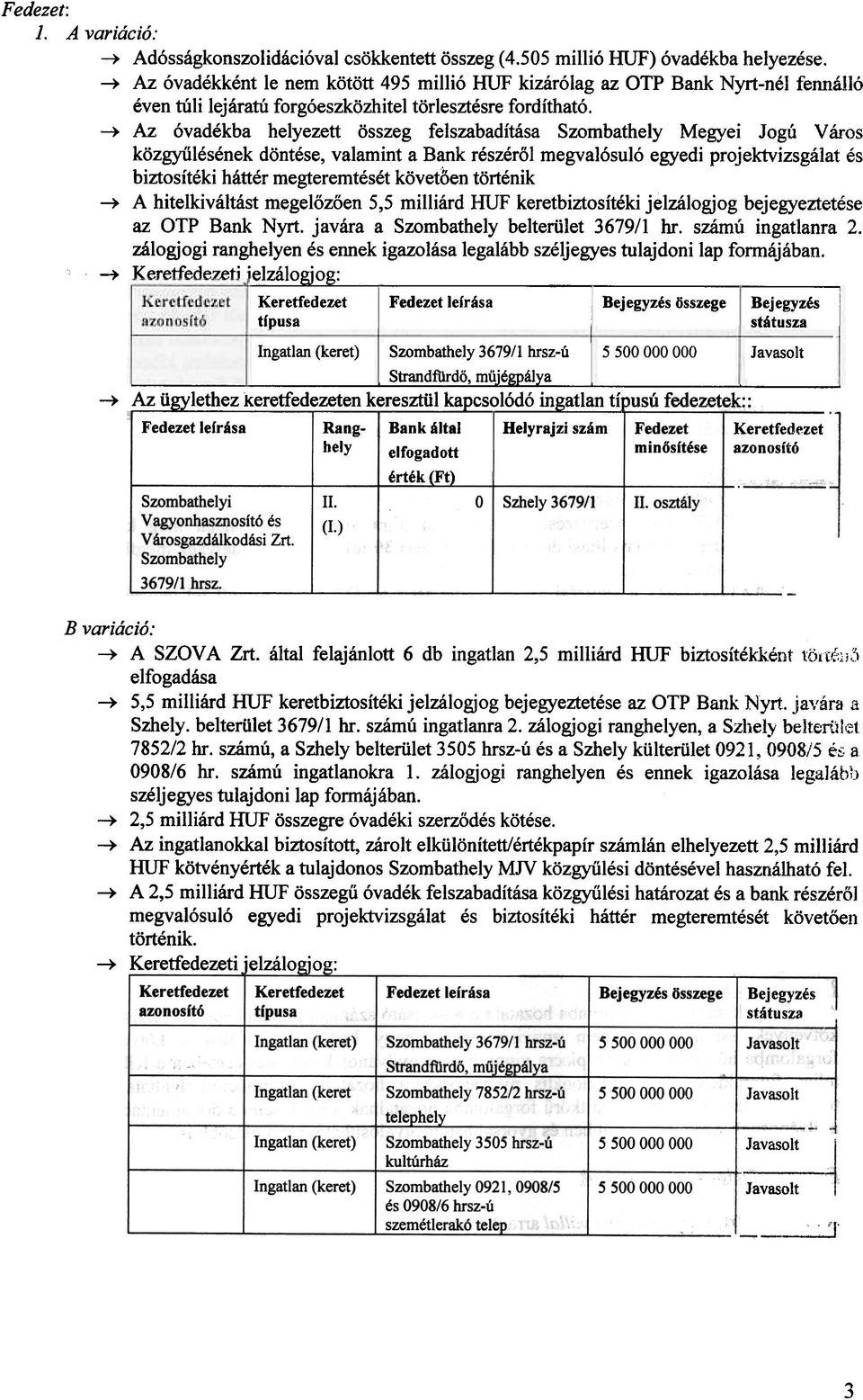 ~ Az óvadékba helyezett összeg felszabadítása Szombathely Megyei Jogú Város közgyûlésének döntése, valamint a Bank részérõl megvalósuló egyedi projektvizsgálat és biztosítéki háttér megteremtését