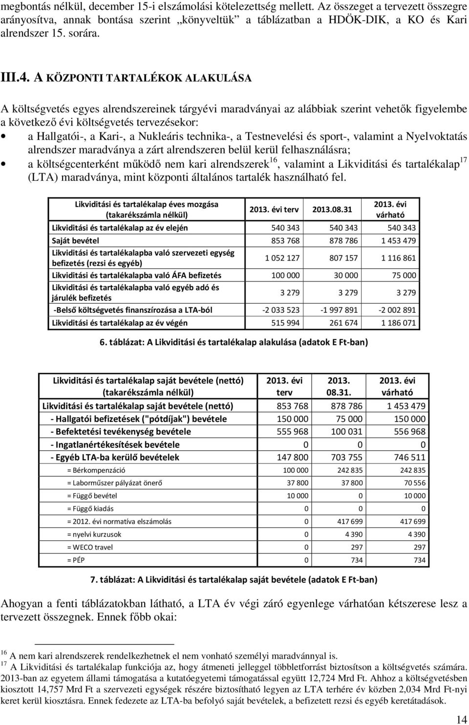 A KÖZPONTI TARTALÉKOK ALAKULÁSA A költségvetés egyes alrendszereinek tárgyévi maradványai az alábbiak szerint vehetők figyelembe a következő évi költségvetés tervezésekor: a Hallgatói-, a Kari-, a