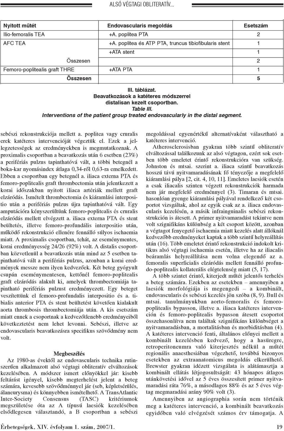 Beavatkozások a katéteres módszerrel distalisan kezelt csoportban. Table III. Interventions of the patient group treated endovascularly in the distal segment. sebészi rekonstrukciója mellett a.