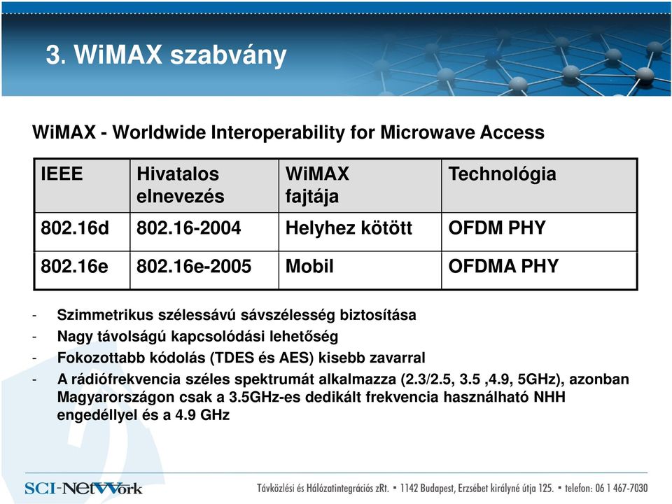 16e-2005 Mobil OFDMA PHY - Szimmetrikus szélessávú sávszélesség biztosítása - Nagy távolságú kapcsolódási lehetőség - Fokozottabb