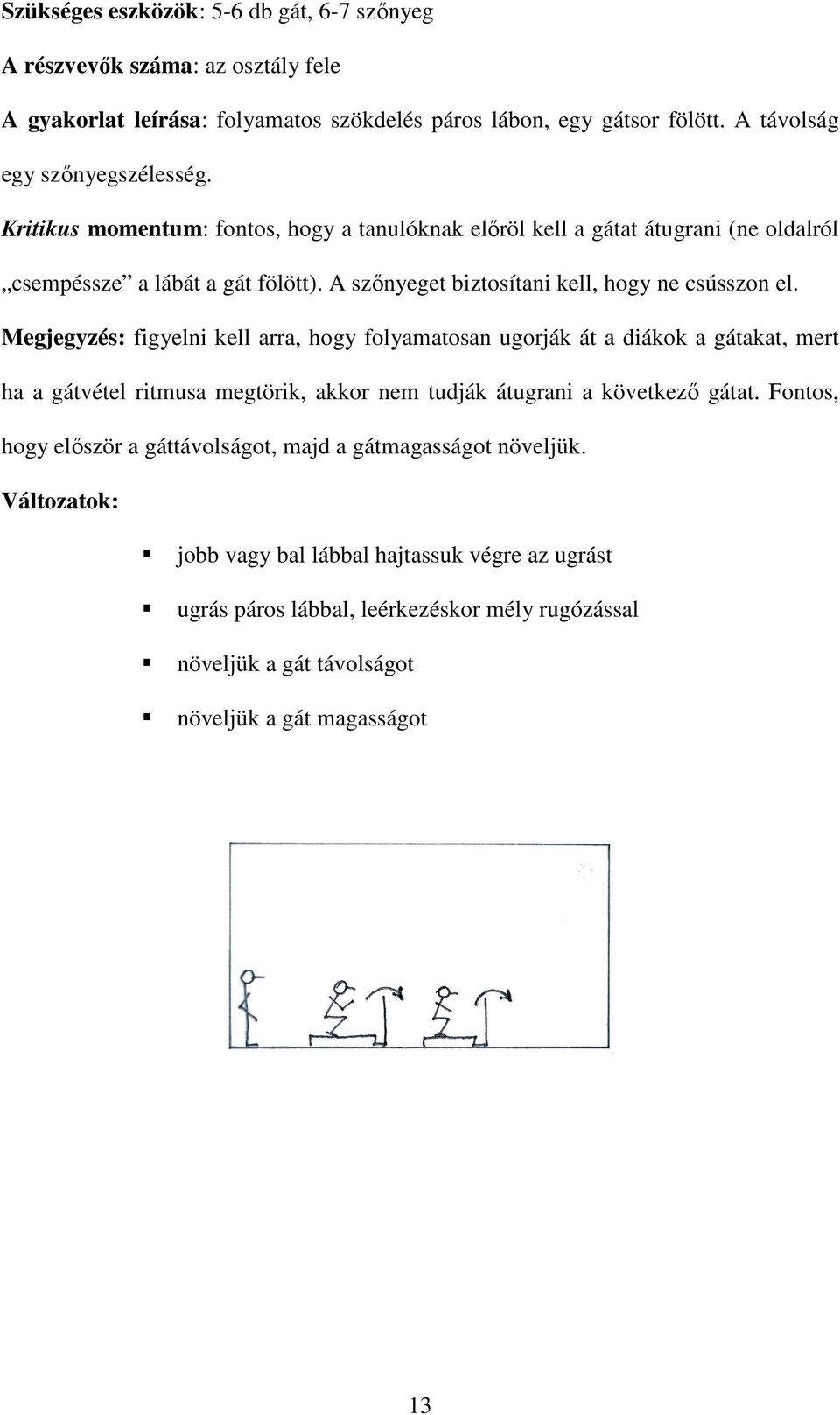 Megjegyzés: figyelni kell arra, hogy folyamatosan ugorják át a diákok a gátakat, mert ha a gátvétel ritmusa megtörik, akkor nem tudják átugrani a következő gátat.