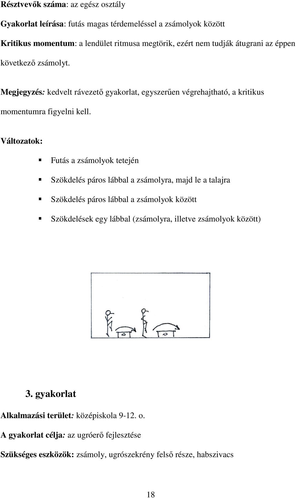 Futás a zsámolyok tetején Szökdelés páros lábbal a zsámolyra, majd le a talajra Szökdelés páros lábbal a zsámolyok között Szökdelések egy lábbal (zsámolyra,